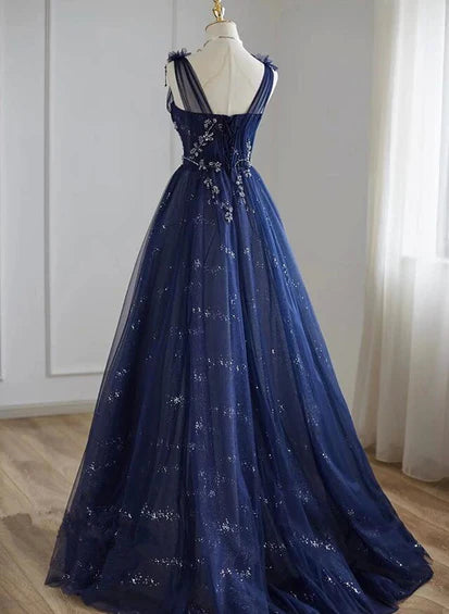 A-line Navy blue Tulle Beaded V-neckline Party Dress